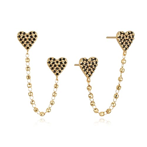 FETTERO Gold Chain Earrings for Women, 14K Gold Plated Hypoallergenic Earring for Multiple Piercing, Tassel Chain Heart Pendant Double Piercing Stud Earrings | Charm Gold Earring for Women