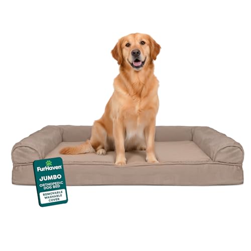 Furhaven Orthopedic Dog Bed for Large Dogs w/ Removable Bolsters & Washable Cover, For Dogs Up to 95 lbs - Luxe Faux Fur & Performance Linen Sofa - Woodsmoke, Jumbo/XL