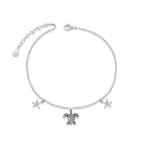 S925 Sterling Silver Sea Turtle Starfish Anklets Foot Chain Jewelry for Women Ankle Bracelets for Girl Teens (turtle starfish 9+1inch)