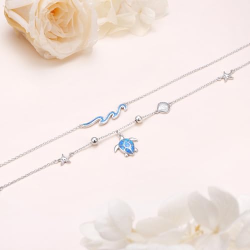 Image of Ladytree S925 Sterling Silver Boho Beach Double Layer Anklets Bracelet for Women Adjustable 9 to 11 inches