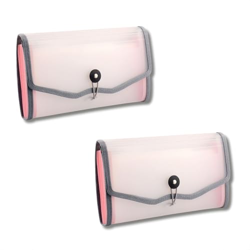 Image of Polen 2 Pcs Expanding Cheque Book Holder Case, 13 Pocket Transparent Passbook Holder /Bill Folder /Passport /Memo Card /Cash Storage Pouch Organizer with Elastic Closure.(Grey)