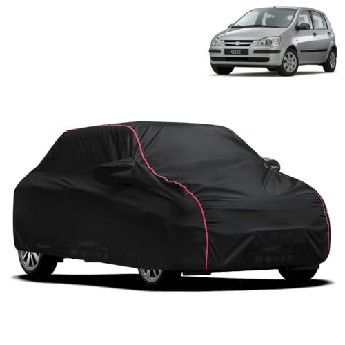 Image of Waterproof Car Cover for Hyundai Getz | All-Weather Protection, Dustproof & UV Resistant | Triple Stitched Mirror Pockets, Windproof Buckle Strap with Elastic Hem, Black-Red Piping
