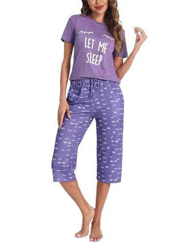 Uniexcosm Pijama de Mujer Algodón Pijama de Dos Piezas Gatos Verano Manga Corta Pijamas Mujer Ropa de Dormir Top y 3/4 Pantalones A:Púrpura L