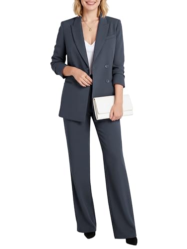YILOTE Women's Two Piece Sets Pants Suits Dressy Business Casual Outfits Pantsuits Set Work Office Blazer and Wide Leg Grey