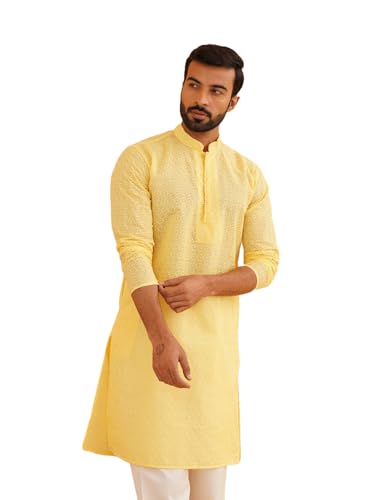 Image of SOJANYA (Since 1958 Men's Cotton Long Kurta with Geometric Embroidery - Straight Fit Diwali Festival Ethnic Outfit