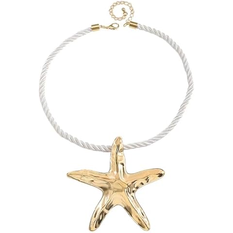 Dtja Large Starfish Pendant Necklace for Women Handmade Hammered Star Shaped Ocean Sea Marine Life Rope Chain Adjustable Necklaces Fashion Chic Beach Holiday Party Jewelry 20" (Gold) Cover