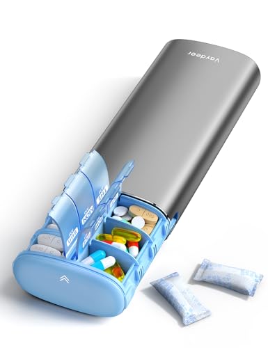 Image of Vaydeer Metal 7 Day Pill Organizer 2 Times a Day - AM PM Weekly Travel Pill Case with Moisture-Proof Desiccant, Airtight Large Capacity Pill Box for Vitamins, Medications & Supplements (Gray)