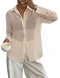Totatuit Women's Sheer Button Up Blouse See Through Tops Sexy Button Down Shirt Beach Cover Up Apricot