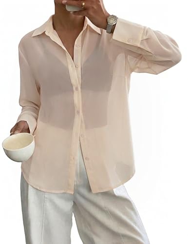 Totatuit Womens Sheer Button Down Shirts See Through Blouse Beach Cover Up