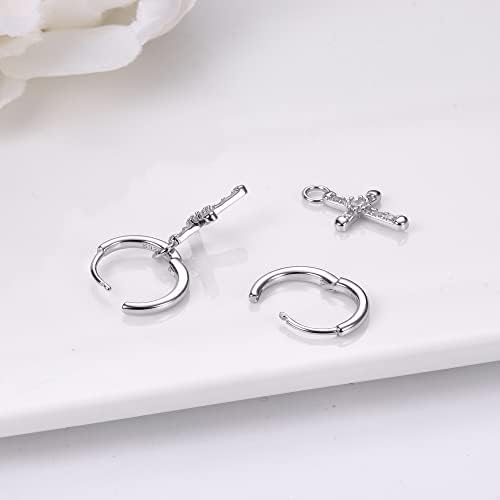 KRFY 925 Sterling Silver Cross Earrings for Women Men Dainty CZ Huggie Hoop Earrings Iced Out Cross Dangle Earrings Lightweight Huggie Cuff Earrings 18K Gold/Silver