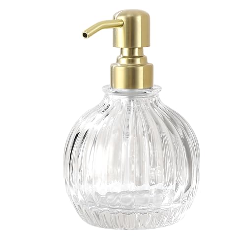 Image of Round Bathroom Soap Dispenser Gold Pump, Glass Bottle with Stainless Steel Pump Liquid Soap Dispenser Sphere Counterto Hand Kitchen