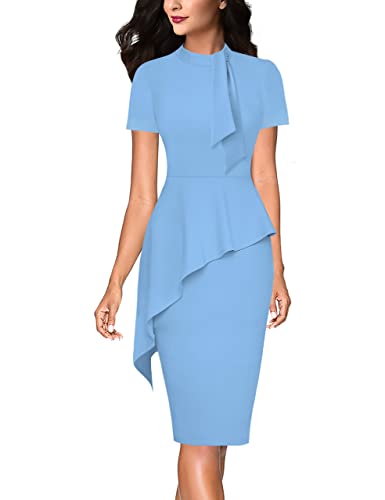 Vfshow Womens Light Blue Bow Tie Neck Asymmetrical Peplum Slim Cocktail Work Business Office Party Bodycon Pencil Sheath Dress 9341 Blu M #TOP11