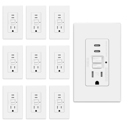 ELEGRP GFCI Outlet with USB Ports, 15 Amp Self-Test GFCI Combination with Dual USB C Ports, 24W Max Total Output, Tamper Resistant GFCI USB Outlet with Wall Plate, UL Listed, Matte White, 10 Pack