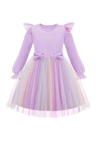 Image of Arshiner Toddler Girls Tulle Dresses with Bow Tie Fall Winter Long Sleeve Formal Party Dress 1-7 Y