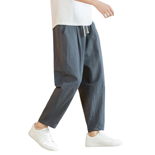 Men's Summer Minimalist Cotton Linen Loose Korean Style Trendy Cropped Straight Casual Long Pants