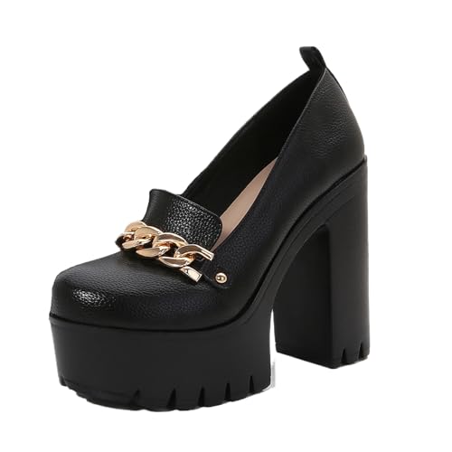 Image of Women's Leather Metal Chain Chunky High Heel Loafers Retro Round Toe Platform Block Heel Lug Sole Non-Slip Comfortable Party Evening Dress Pumps for Y2K Goth Punk