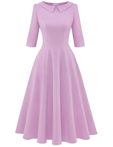 Bbonlinedress Vestido de cóctel vintage para mujer, formal, otoño, boda, iglesia, manga larga, cuello Peter Pan, vestido midi, Lavanda, Large