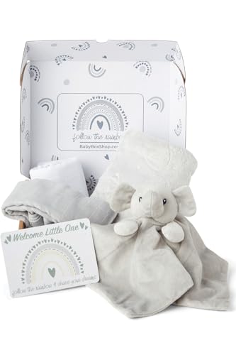 Baby Box Shop - 5 artigos essenciais para recém-nascidos, batizo para bebé, unissexo, edredão para bebé com elefante, manta polar, 2 panos de musselina