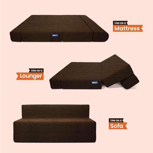 Image of Starlon 3 Seater Sofa Cum Bed Foldable 3-in-1 Sofa Bed with 1 Year Warranty, Washable Jute Fabric Cover & 2 Floral Pillows | Guest Bed | Coffee Brown 5x6.25 Ft