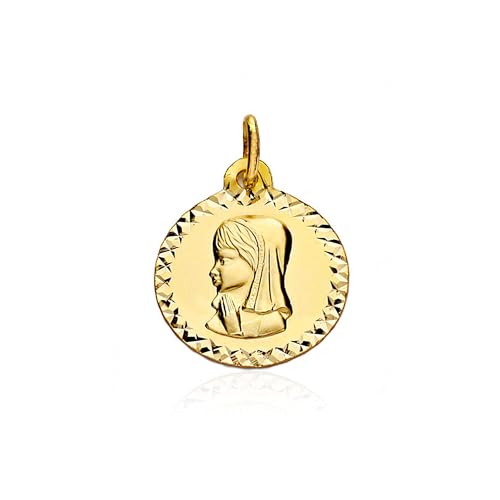Medalla Oro Virgen Niña de 9K Monde Petit redonda mate y brillo de 16 milímetros