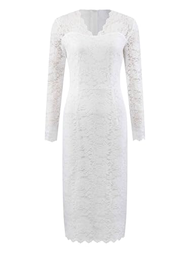Image of Hobemty Women's Floral Lace Dress V Neck Long Sleeve Cocktail Wedding Bodycon Pencil Dresses