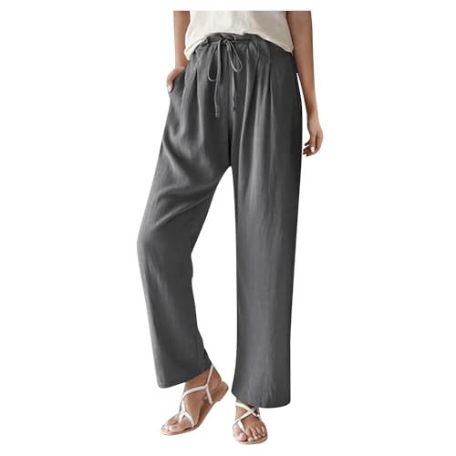 Linen Pants Women Summer Ruffle High Waisted Plus Size Wide Leg Pants Baggy Lounge Trousers with Pockets S-5Xl2