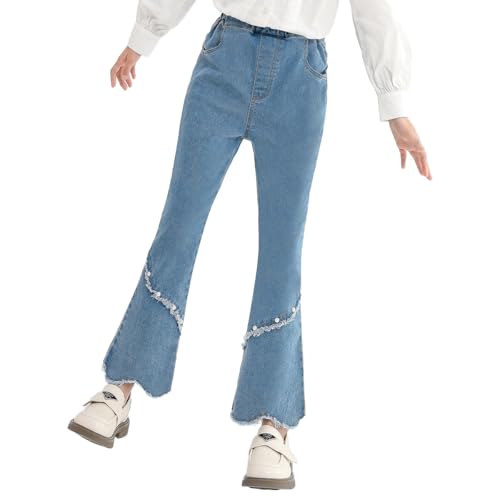 Girls Flare Jeans Split Hem Bell Bottom Pearl Denim Pants Elastic Waist Jean Streewear Trouser for Kids 5-16 Years