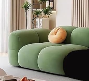Image of CRAFTCITY Pumpkin Style Wooden Sofa | Contemporary Wool Sofa with Swen Pillow Back for Living Room (Green & Black, 3 Seater)