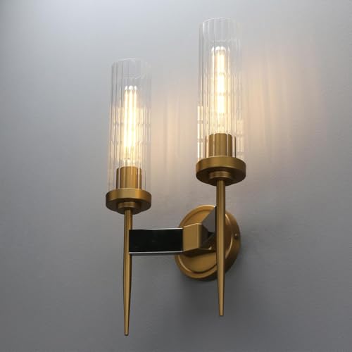 Image of PERMO wall sconces 2 Lights Glod Wall Light Fixtures with 2.8 inch Cylindrical Clear Glass Shade Brass Double sconces for Living Room Bathroom Corridor Mirror Bedroom