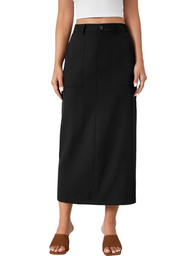Rooscier Women's Split Back Elastic High Waist Pencil Cargo Midi Long Skirt with Pockets