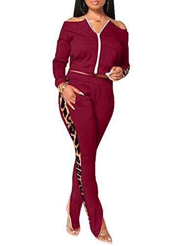 Women Sweatsuit Set Long Sleeve Zip Up Off Shoulder Jacket and Slit Pants 2 Piece Tracksuit Outfits S Wine Red