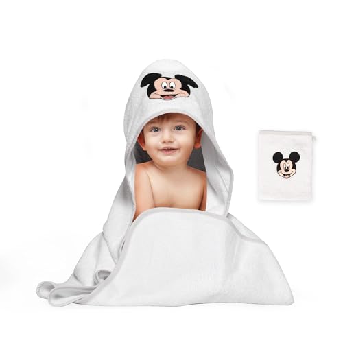 Disney Home Set 2 pièces Serviette de Bain à Capuche Mickey Mouse,pour bébé/jusqu'à 5 Ans,très,Absorbant,certifié Oeko-TEX,1 Serviette 80x80cm,1 Gant de...