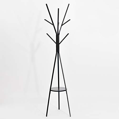 Funime Perchero de pie, Moderno Soporte de pie (con Gancho para Sombrero y Abrigos y Ropa Accesorio de Entrada Bolso Pantalla salón árbol de Metal Negro Acabado Mate 45 x 45 x 180 cm