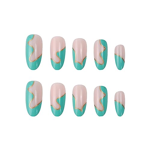 Press On Nails Medium Almond Green False Nails With Gold Waves Designs Fake Nails French Full Cover Glossy Acrylic Nails Stick On Nails For Women 24Pcs #TOP2