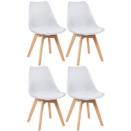 Loft7, Conjunto Kit 4 Cadeiras Leda Com Assento Estofado, Encosto De Polipropileno E Pés De Madeira Natural, Elegante Sala De Jantar Cozinha Bar Varanda Gourmet, Branco