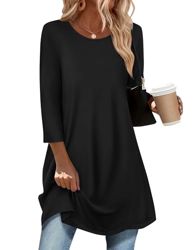 Zeagoo Tops for Womens 3/4 Length Sleeve Casual Loose Fit Crewneck T Shirts Cute Solid Color Three Quarter Length Tunic Top Black