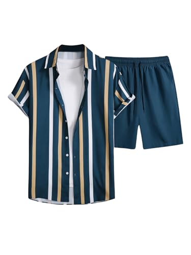 COZYEASE Men's 2 Piece Striped Outfit Short Sleeve Button Down Shirt Drawstring Waist Shorts Set3