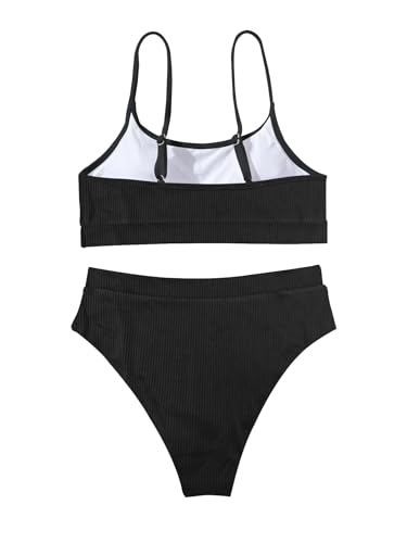 Image of Lilosy High Waisted Tummy Control Ribbed Bikini Crop Top Brazilian Swimsuit Set 2 Piece