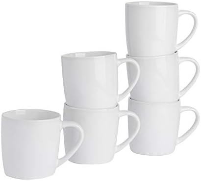 Argon Tableware Tea Coffee Mugs - 6pc Contemporary Coloured Ceramic Cups Set - 350ml - White - Pack of 6
