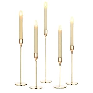 Romadedi Gouden kandelaar kaarsenhouder voor staafkaarsen kaarsen 5-delige set hoog metalen vintage kaarsen standaard voor bruiloft party kerst eettafel tafeldecoratie moderne decoratie woonkamer 34/29/25/22/19 cm