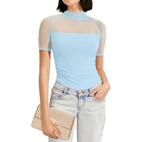 MIHOLL 2024 Womens Summer Tops Trendy Short Sleeve Mesh Top Curvy Slimming Night Going Out Shirts (Light Blue, Medium) Cover