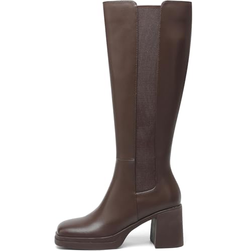 Knee High Boots for Women Square Toe Side Zipper Boots with 3 Inch Chunky Block Heel and Platform Stretch Elastic Fall Tall Boots for Casual Comfort and Daily Wear2
