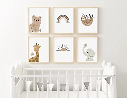 Image of Nursery Wall Art Print Set of 6 Boho Nursery Wall Art Baby Nursery Canavs Wall Art Nursery Animal Rainbow Print Boho Rainbow Nursery Decor Neutral Baby Girl Boy Room Wall Decor 8x10 Inch UNFRAMED