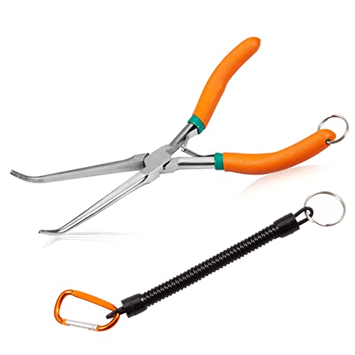 SPEEDWOX Long Reach Needle Nose Pliers 7 Inches with Teeth Mini Extra Long Nose Pliers for Hard to Reach Narrow Spaces Needle Remover Pliers with Anti-Loss Lanyard (Curved Tips