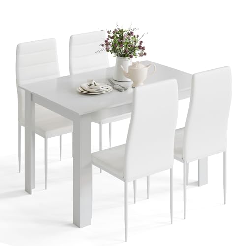 Mondeer Esstisch mit 4 Stühlen Set, Essgruppe mit Hochlehner Kunstleder Stuhl für Küche Esszimmer Wohnzimmer, W120 x D80 x H75 cm, Weiß