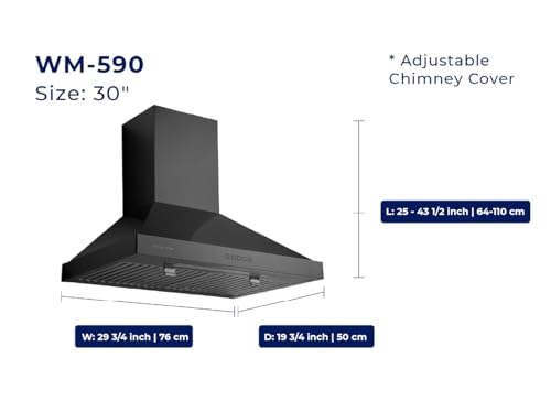 Image of Hauslane | Chef Series 30 inch WM-590 | Black Stainless Steel Fingerprint and Smudge Resistant | 3 Speed Wall Mount Kitchen Fan | Easy Clean Baffle Filters, LED | Duct or Ductless Options