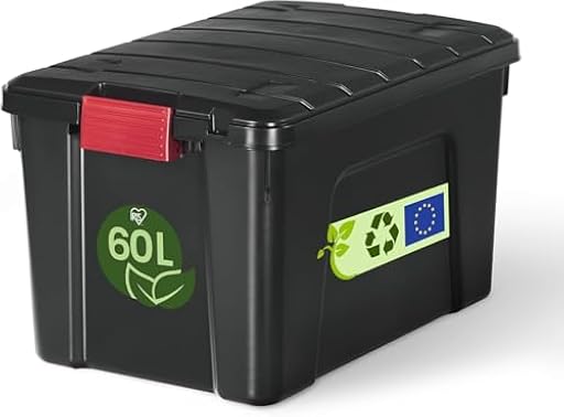 Iris Ohyama, Caja de almacenamiento de plástico grande, 60L, Caja de garaje, Negra, Apilable, Cierres a presión robustos con asas, SIA-60 | Ya disponible en tu tienda friki favorita! En mundofriki.es!