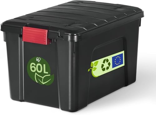 Iris Ohyama, Caja de almacenamiento de plástico grande, 60L, Caja de garaje, Negra, Apilable, Cierres a presión robustos con asas, SIA-60