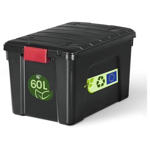 Iris Ohyama, Malle, Boîte de rangement plastique, avec Couvercle et Clips de fermeture, 60L, A l'unité, Empilable, Roues, Sans BPA, Grenier, Cabanon, Garage, SIA-60, Noir