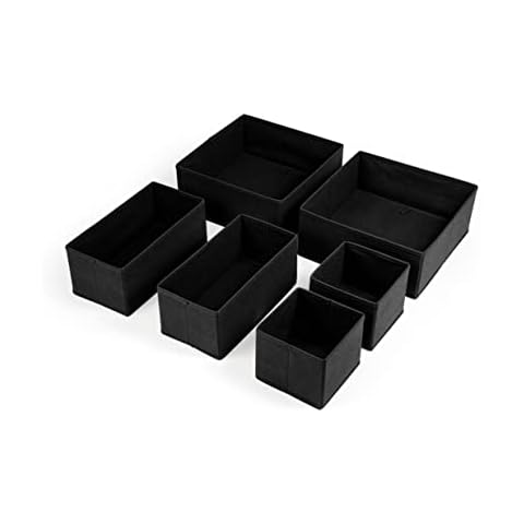 MAXPORIUM® 6-Pieces Clothes Drawer Organiser Divider - Foldable Wardrobe Organiser - Fabric Drawer Dividers Underwear Storage Boxes for Bras, Baby Clothes, Socks, Ties - Black Cover